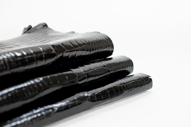 WITHOUT HOLES | 35-39 cm Grade 2/3 Black Glazed Wild American Alligator Belly Leather